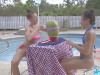 Camsoda teens with big ass and big tits launch a watermelon explode with rubber ba